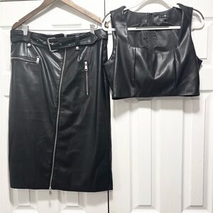 7 For All Mankind Faux Leather Skirt Crop Top Black Biker 2 pc Set Size Large